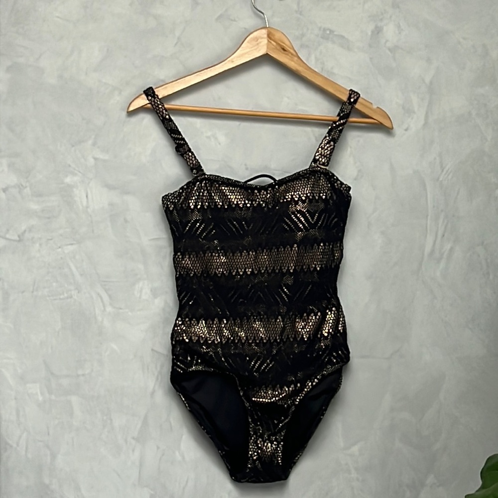 Cosita Linda Beachwear Swimsuit Gold Black Overlay One Piece 8/10 M, 34 NWOT